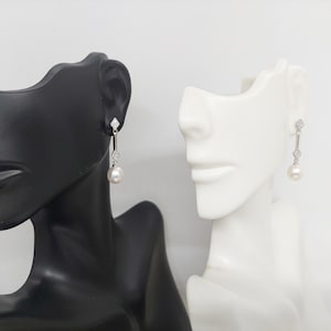 14k White Gold Freshwater Pearl Drop Earrings with Diamonds