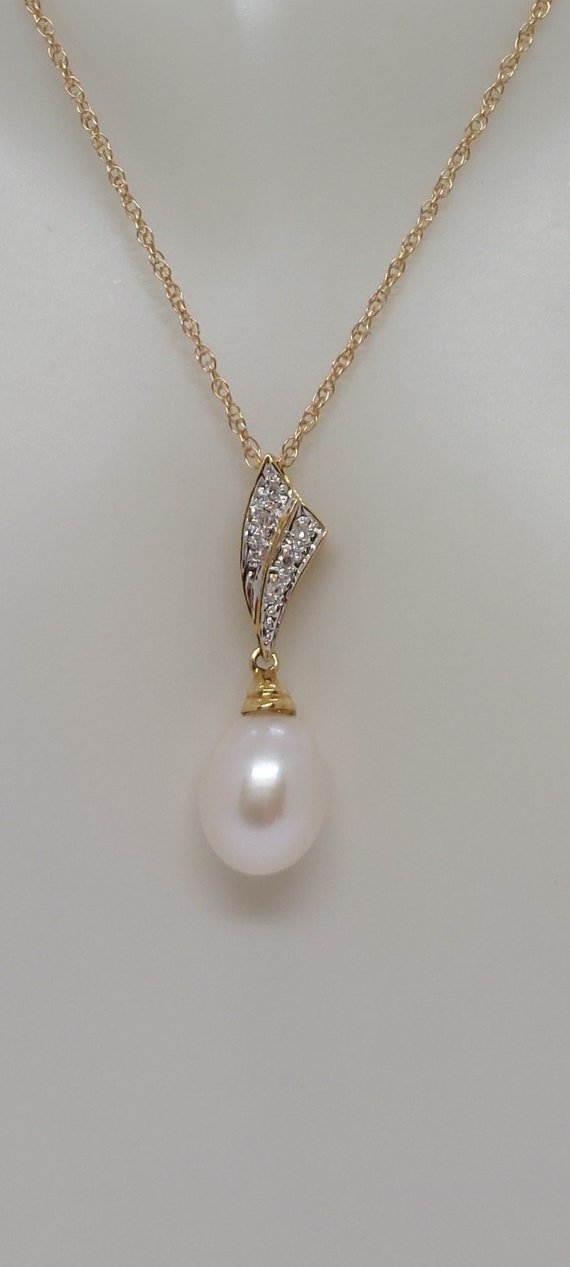 WHITE Drop Freshwater Pearl Diamonds 14k Yellow Gold Pendant
