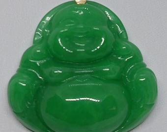Green Jade Buddha Pendant: 14k Yellow Gold, Large 50x50mm