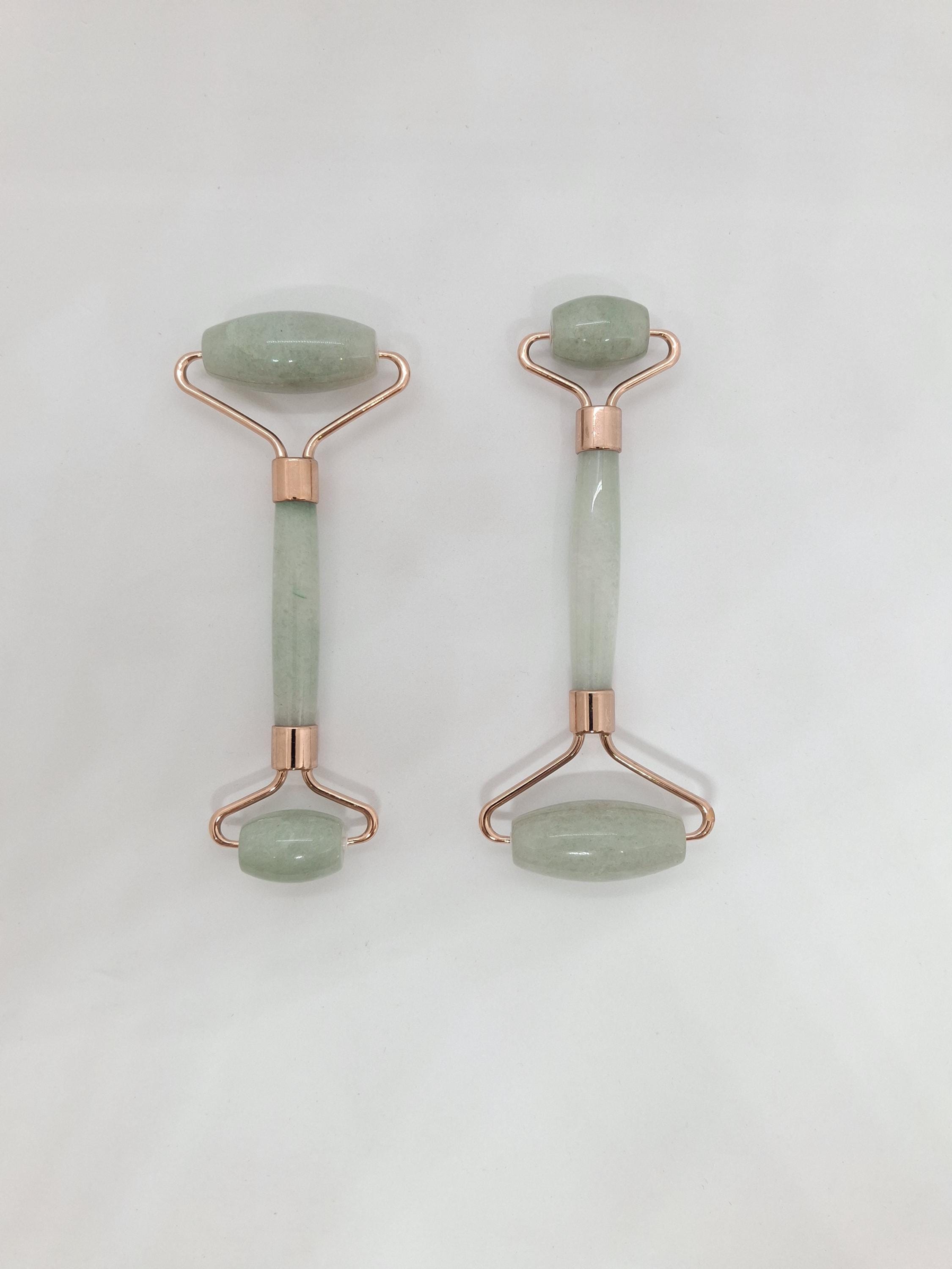 Green Jade Facial Roller - Pink Gold Plated Stainless Steel