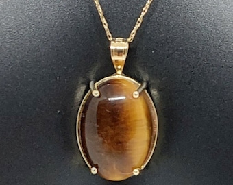 14k Yellow Gold Tiger Eye Pendant Necklace - USA Made