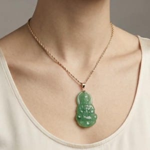 Green Jade Guanyin Buddha Pendant: 14K Yellow Gold Amulet image 6