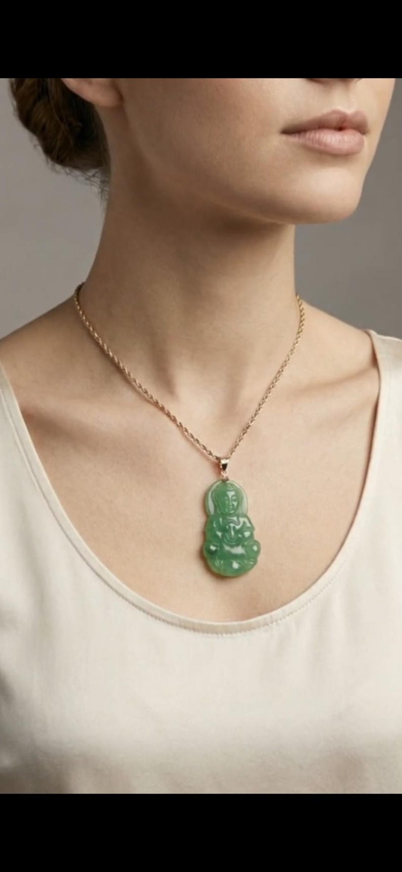 Green Jade Guanyin Buddha Pendant: 14K Yellow Gold Amulet image 6