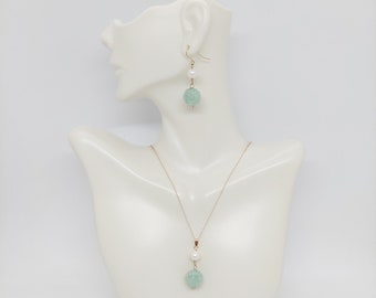 Carved Green Jade & Pearl 14k Gold Pendant Earring Set - Handmade