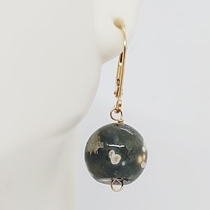 14k Yellow Gold Ocean Jasper Earrings: 12mm Green Gemstone