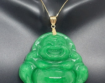 Green Jade Buddha Pendant: 14k Yellow Gold, 38x43mm