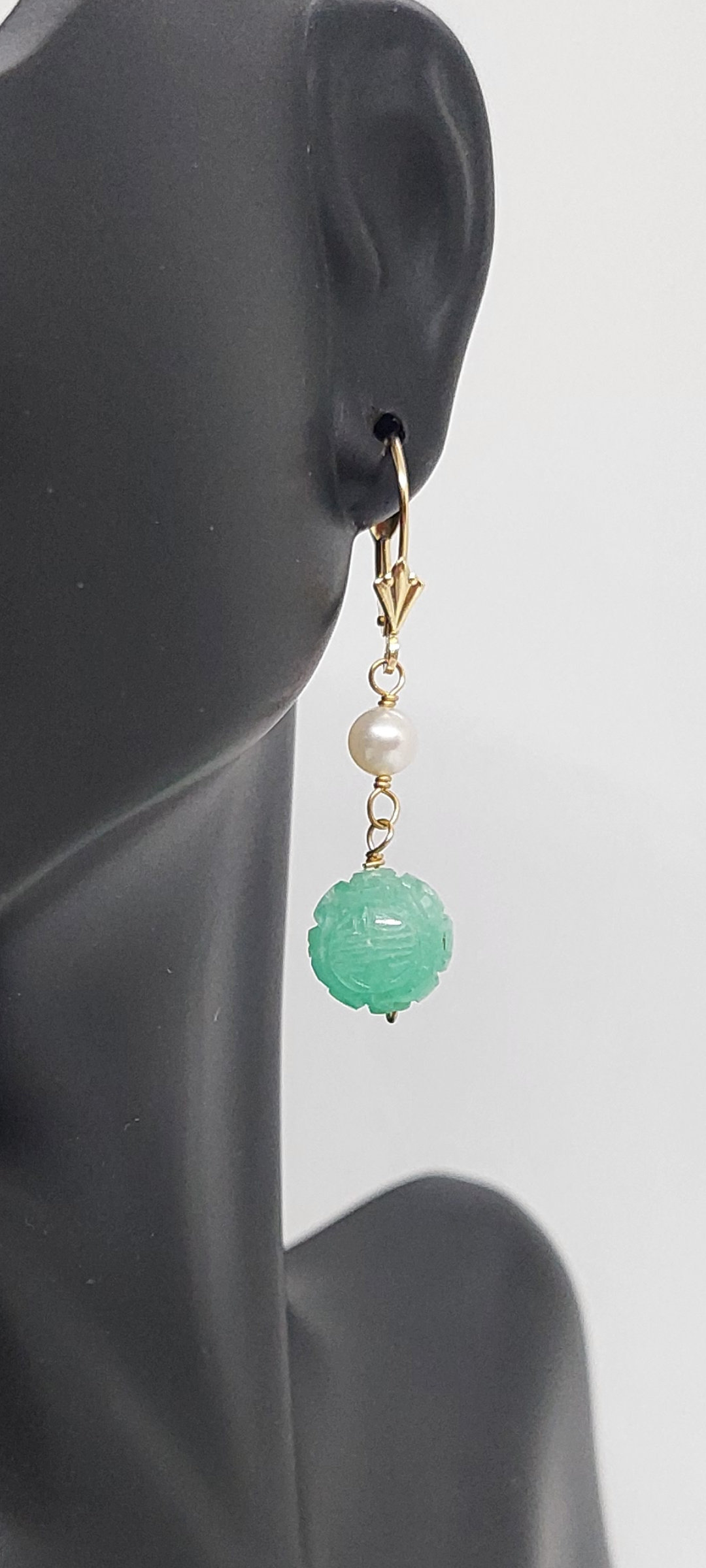 Boucles D'oreilles Clous En Perles De Culture Et Jade Verte - Plaqué Or 14 Carats