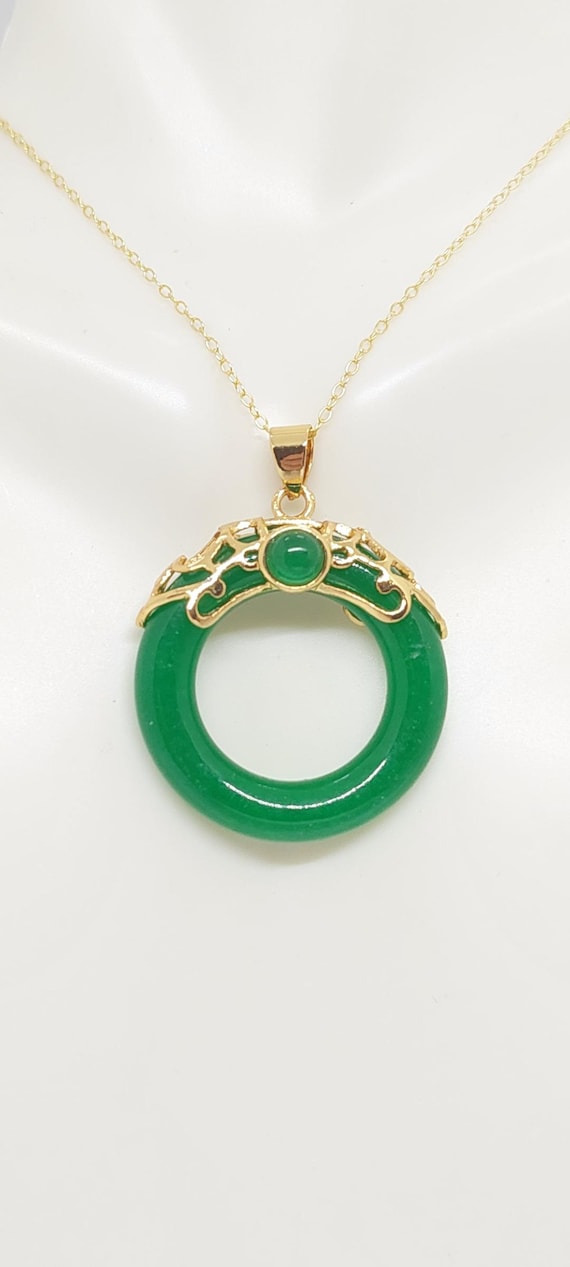 Green Jade Ping an Kou Pendant: Gold Plated Necklace UK