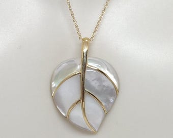 WHITE Mother of pearl Leaf Pendant 14k Yellow Gold 18" ROPE Chain. White LEAF Mother of Pearl Pendant / Necklace. Mother of Pearl Lover.