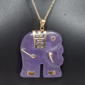 Lavender Jade Elephant Pendant: Ruby Eye, 14K Yellow Gold Necklace