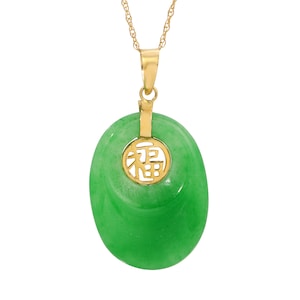 GREEN Jade Oval Luck Pendant w/18&quot; 14K Yellow Gold Rope Chain. Translucent Green Jade Pendant w/Chinese character in the Center.  Jade LOVER