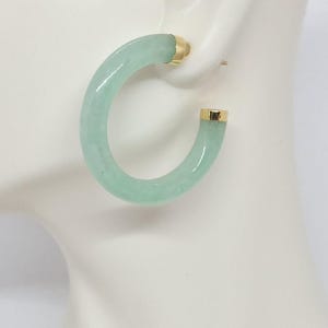 14K Yellow Gold Green Jade Hoop Earrings - 30mm