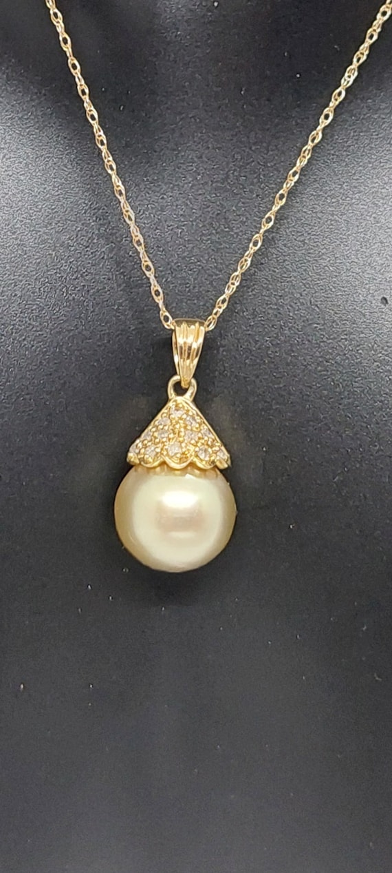 Collier Pendentif 18 Diamants Et Perle - Or Jaune 14 Carats - Bijou De Mariage Occasion