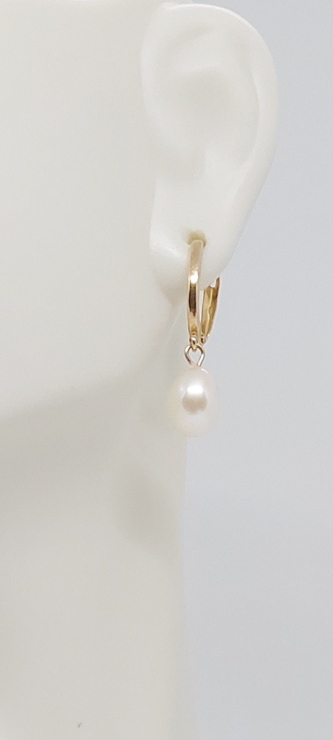 WHITE Freshwater Drop Pearl Lever Back Earring in 14k Yellow Gold