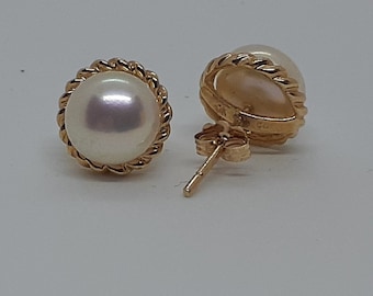Freshwater 8mm Cultured Pearl Gold Studs - Push back Posts - Solid 14K Yellow Gold  - Pearl Stud Earrings.