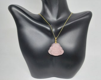 ピンク翡翠仏像ペンダントネックレス：金メッキスターリングシルバー