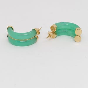 GREEN Jade Push Back 14k Yellow Gold Stud Earring. 20x8mm Green Jade Earring. Two Row tube Green Jade 14k Earring.14K YG Jade Earring LOVER.