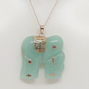 Green Jade Elephant Pendant: Ruby Eye, 14K Yellow Gold Chain