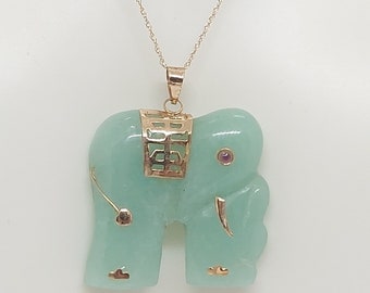 Green Jade Elephant Pendant: Ruby Eye, 14K Yellow Gold Chain
