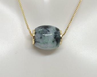 Green Jade Barrel Pendant, 18" Gold Plated Chain