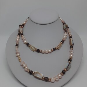 Smokey Quartz, Biwa, Potato and Bottom Pearl  32 inches 14k filigree clasp Necklace.