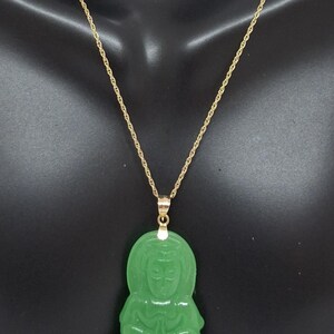 Green Jade Guanyin Buddha Pendant: 14K Yellow Gold Amulet image 4