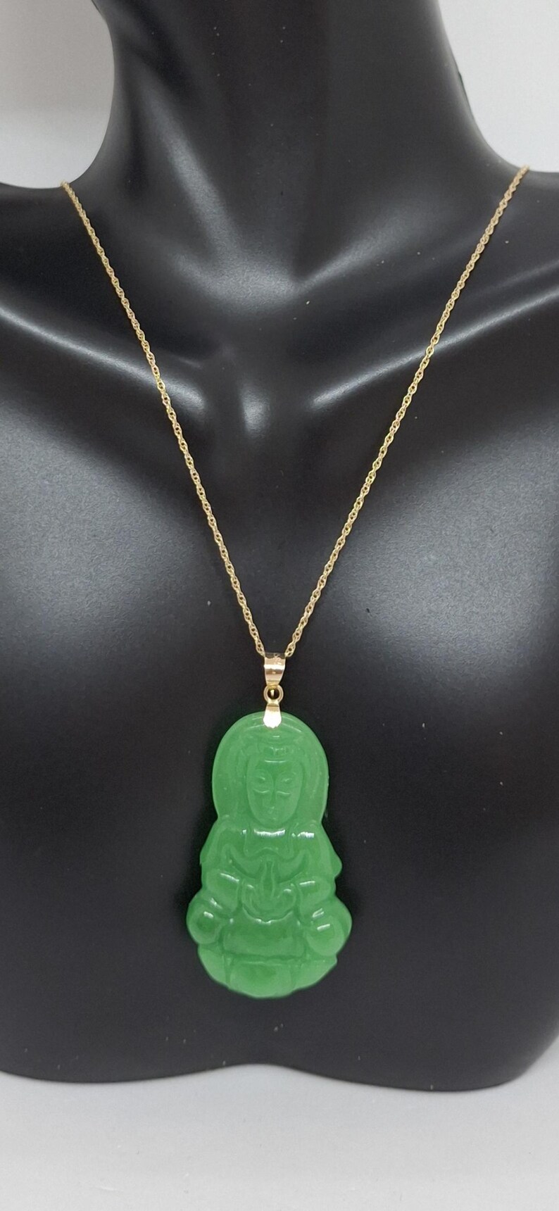 Green Jade Guanyin Buddha Pendant: 14K Yellow Gold Amulet image 4