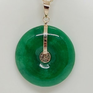 GREEN Jade 25X25mm Donut Luck &quot;Fu&quot; 14K Yellow Gold Pendant. 18&quot; 14k Yellow Gold ROPE Chain Jade Donut Pendant. 14k Jade Donut Pendant LOVER.