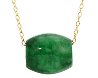 Green Jade Barrel Pendant Necklace: Silver Over Gold, Rhodium Plated