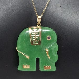 Green Jade Elephant Pendant: Ruby Eye, 14K Yellow Gold Necklace