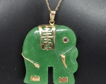 Green Jade Elephant Pendant: Ruby Eye, 14K Yellow Gold Necklace