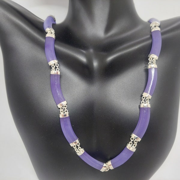 Vitage Curved LAVENDER Jade Silver Necklace. 17" Purple Jade Necklace. Double safety clasp Jade Necklace. Lavender JADE Lover.Gift for her.