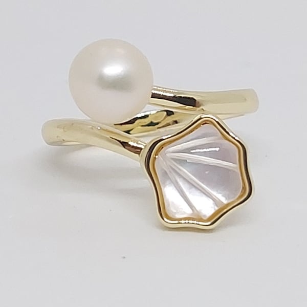 Freshwater Pearl & Mother of Pearl Yellow Gold-Plated Ring - Adjustable Size 6.5