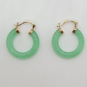 GREEN Jade Hoop Earrings in 14K Yellow Gold. 23 millimeters Green Jade 14k Yellow Gold Clip on Hoop Earring. Green Jade Hoop Earring LOVER