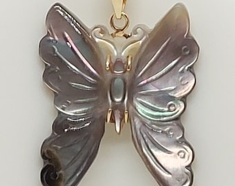 Butterfly BLACK Mother of Pearl Pendant 14k Yellow Gold, Jewelry, Necklace, Pearl Butterfly Pendant/Necklace,14k Yellow Gold and Chain.