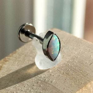 1.2mm - 16G / Internally Threaded End ASTM F136 Titanium White Fire Opal Bezel Set Marquise Labret Stud / Helix Tragus Lobe