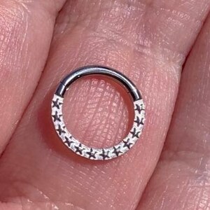 ASTM F136 Titanium / Hinged Star Embossed Septum Hinged Clicker Ring / 1.2 - 16G x 8mm / Daith / Helix / Cartilage / Smiley /