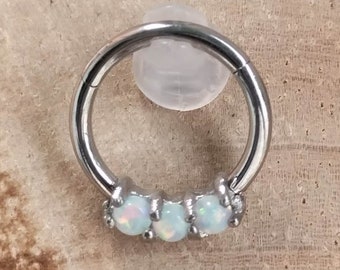 1.2-16G x 8mm / White Opal Hinged Segment Ring 316L Surgical Steel / Nose piercings / Helix / tragus / Septum / Daith / Cartilage