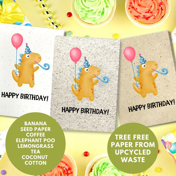 Handmade Eco Friendly Birthday Cards Printed on Plantable Seed Paper and Upcycled Materials  | Dinosaur | Single and Packs of Greeting Cards