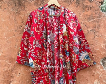 Indian 100% Cotton Mukut Printed Kimono Robes, Stylized Mukut Floral Prinnted Designs Sleepwear, Swimwear Women's Nightgown Bathrobe, CK-285