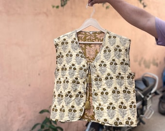 Unisex Cotton Vest Coat Tie Jacket, Quilting Short Reversible Cotton Jacket, Boho Coat Bohemian Style Jacket Handmade Vintage Quilted Jacket