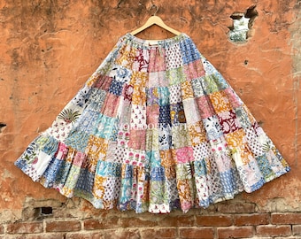 Geassorteerde Indiase patchwork lange rok katoen elastische taille in meerkleurig patchwork funky gemengde bloemen feestkleding rok, cadeau, CPS-72