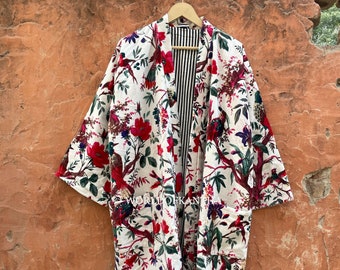 Luxury Velvet Comfortable House Robes Unisex Kimono Boho Jacket Indian 100% Cotton Velvet Bird Print And Rose Print Robes Gift, Her, VKR-14