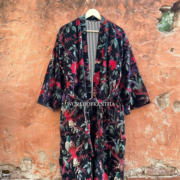 Luxury Velvet Kimono Unisex House Robe | Boho Jacket Autumn Winter Christmas Gift Elegant Reversible Silk Lined | Quirky Gown Blue Floral