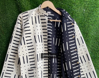 Cotton Reversible Quilted Jacket Coat, Geometric Print, Unisex Overcoat, Cotton Black-white Coloured Reversible Jacket, lounge wear coat,