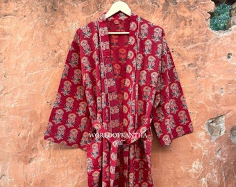 Inidan Cotton Printed Kimono, Women Bathrobe Floral Print Kimono Women Clotting Bohemian Style Cotton Ajrack Print Robe, CK-256