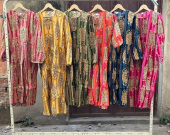 Cotton Tiger Print Dress, Handmade Cotton Long Dress,  Summer outfit Customizable Women's-Block Printed Hippie Wrap, Vintage Dress