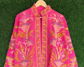 handgemachte Baumwolle Suzani Stickerei Kurze Jacke, Unisex Blumenstickerei Mantel, schöne Jacke Suzani Pink Jacke, besonderes Geschenk,