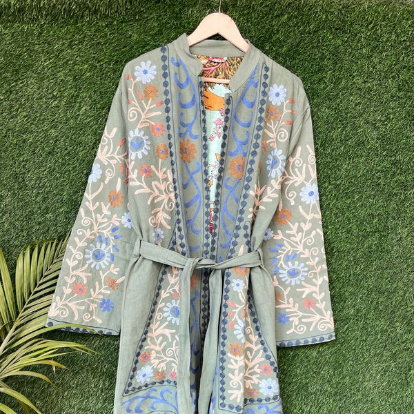 Suzani Cotton Embroidered Long Jacket Boho Uzbek Kashmir Crewel Suzani Coat, Hand Embroidery Jacket, With Belt Quilted Jacket,