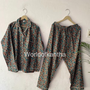 Floral Cotton Women Handmade print PJ Set Night Suit Summer Light Weight Cotton Dress Tunics Cotton Nightwear, Women&#39;s, PJ-109